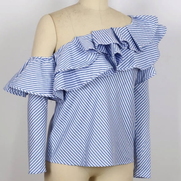 Blue & White Striped Frill Blouse Summer Top - Picture 5 of 6